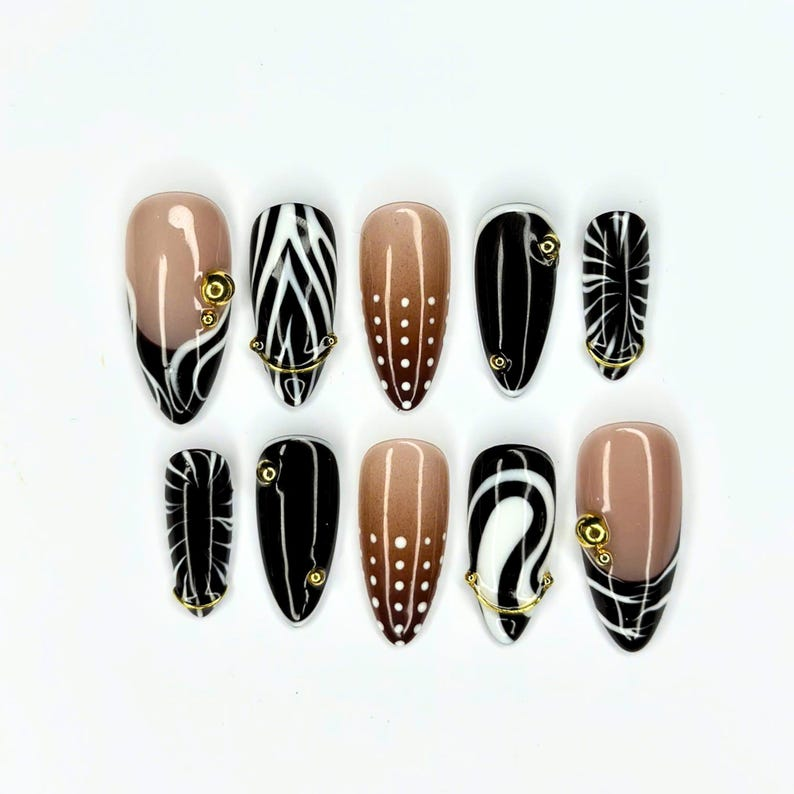 Autumn Press On Nails with Gold Accents, Brown Black Abstract Almond Nails, Elegant