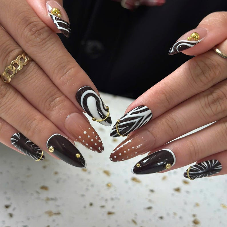 Autumn Press On Nails with Gold Accents, Brown Black Abstract Almond Nails, Elegant