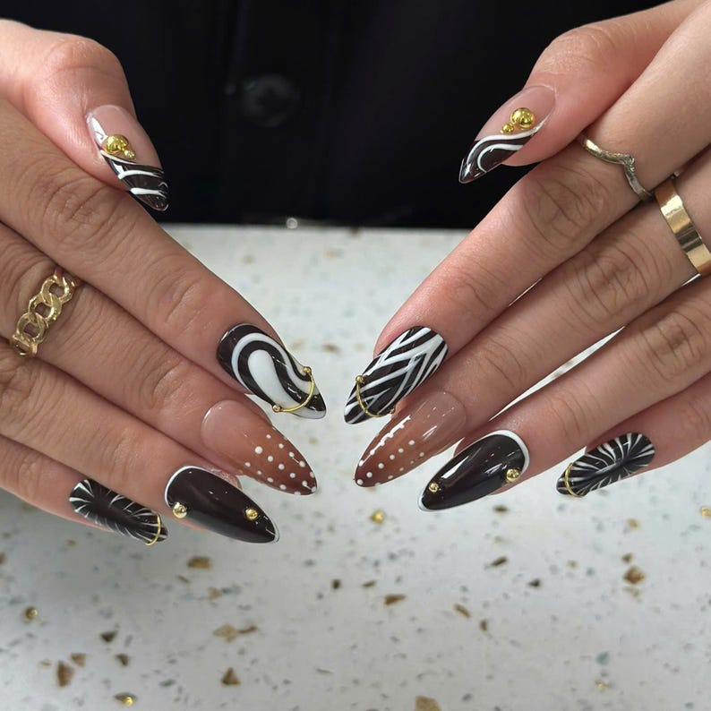 Autumn Press On Nails with Gold Accents, Brown Black Abstract Almond Nails, Elegant