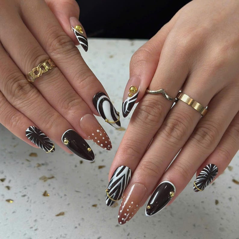Autumn Press On Nails with Gold Accents, Brown Black Abstract Almond Nails, Elegant