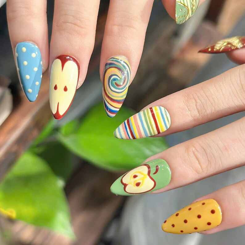 Autumn Press On Nails with Retro Apple & Plaid , Handmade Vintage Fake Nails in Almond
