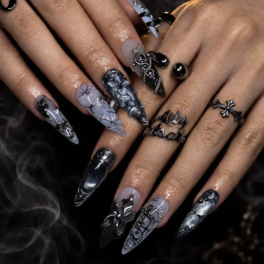Grimoire 3D Floral Gothic Black Silver Press On Nails