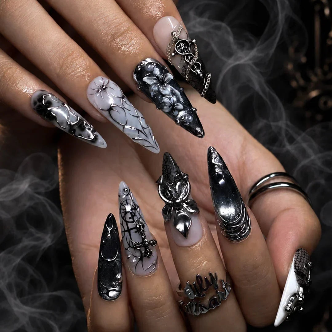 Grimoire 3D Floral Gothic Black Silver Press On Nails