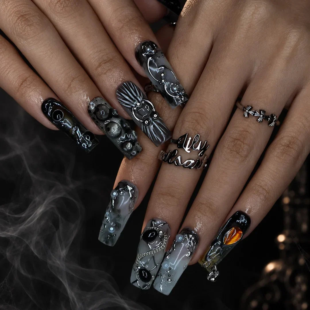 Alchemy Black 3D Floral Press On Nails