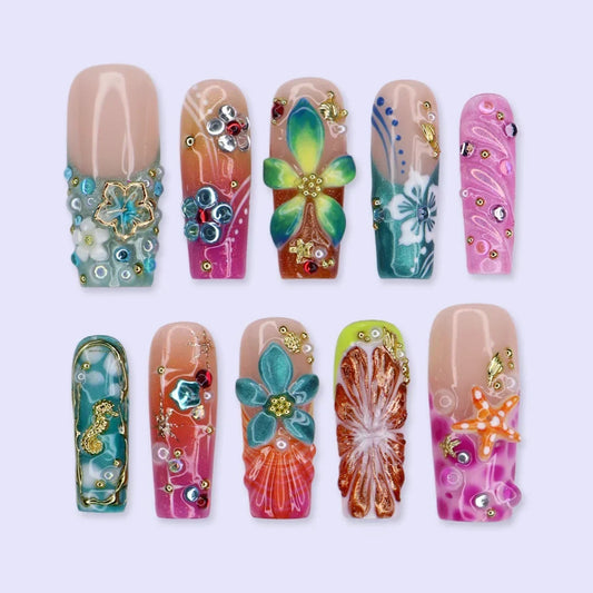 Bellini Blue Pink 3D Floral Press On Nails