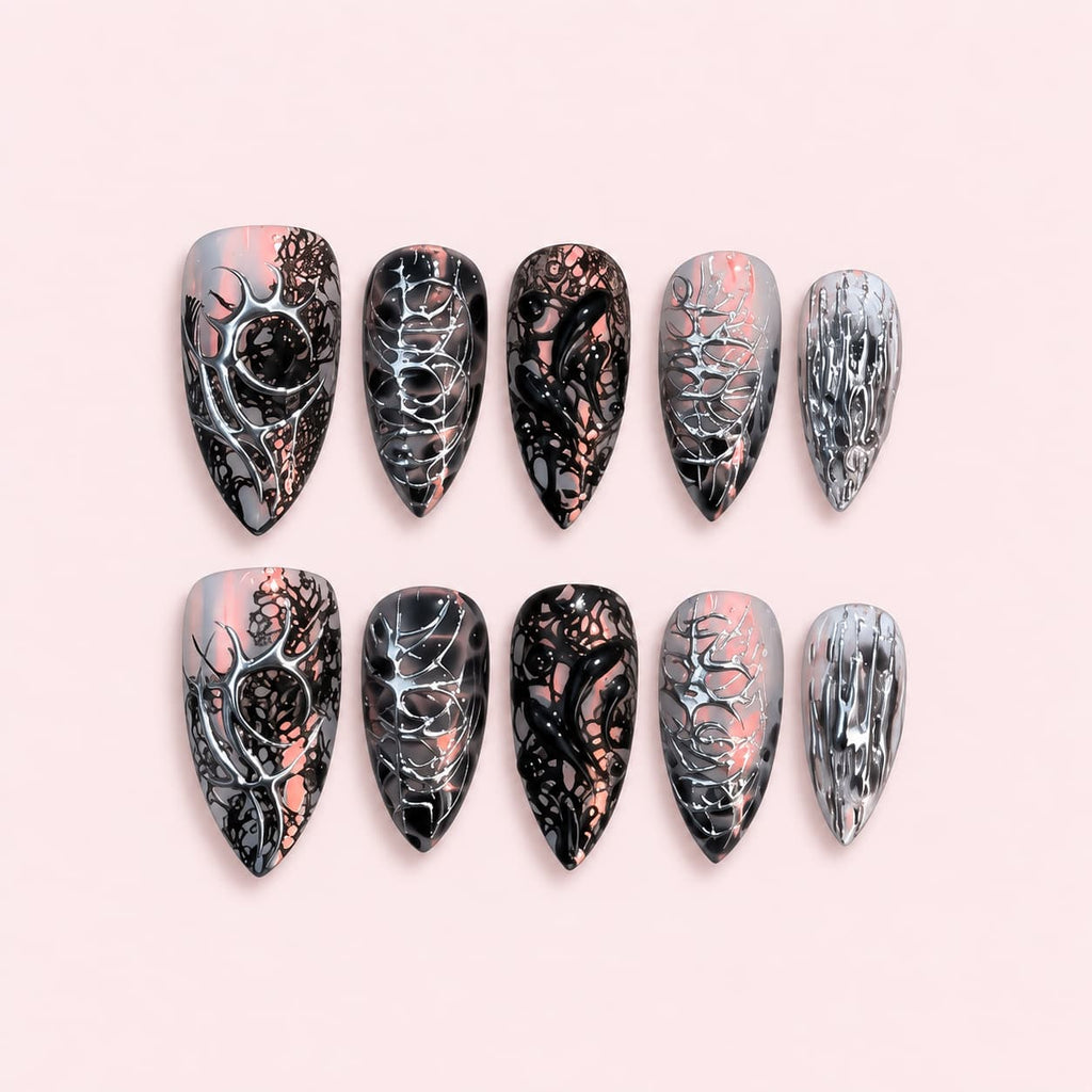 Black Silver Gothic Web Stiletto Press-On Nails