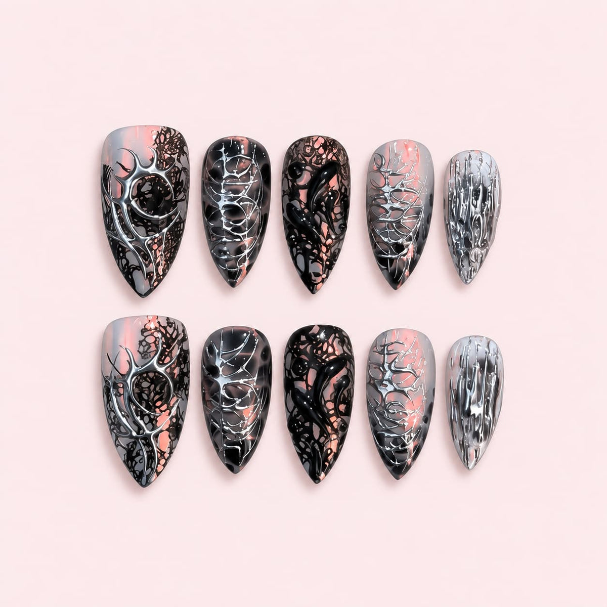 Black Silver Gothic Web Stiletto Press-On Nails
