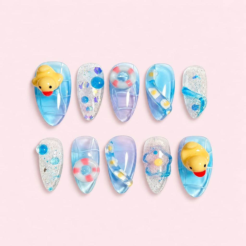 Blue 3D Rubber Duck Almond Press-On Nails