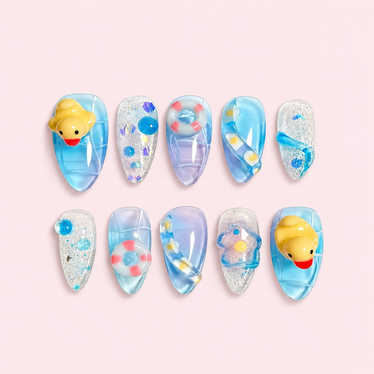 Blue 3D Rubber Duck Almond Press-On Nails