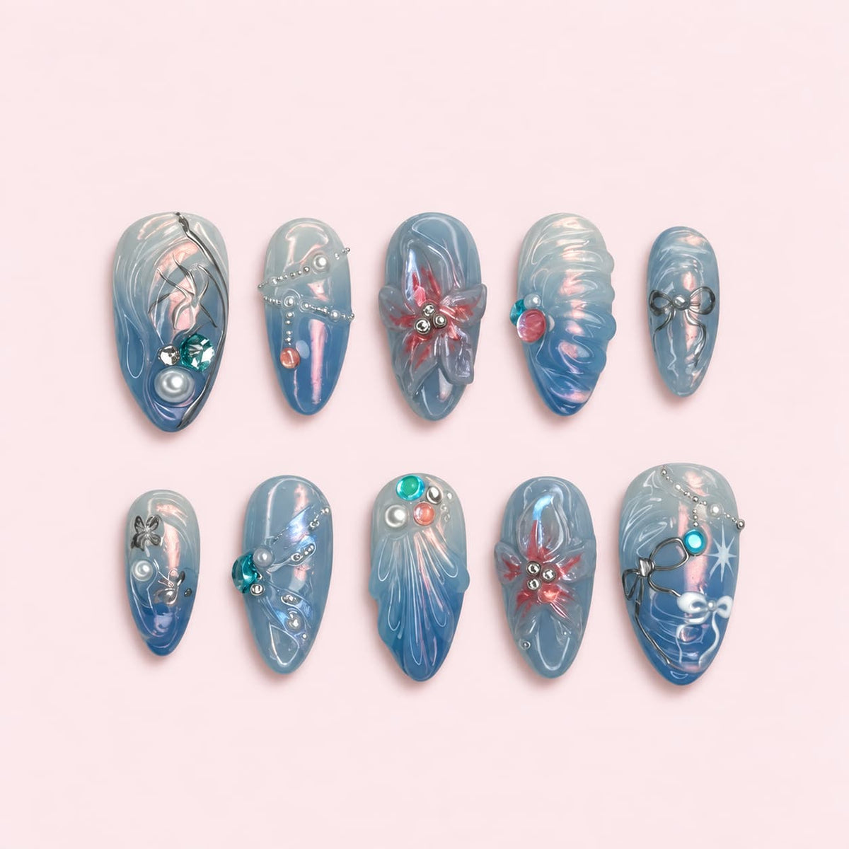 Blue Aura Ocean Almond Press-On Nails - Handmade