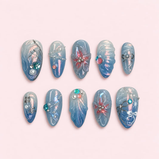 Blue Aura Ocean Almond Press-On Nails - Handmade