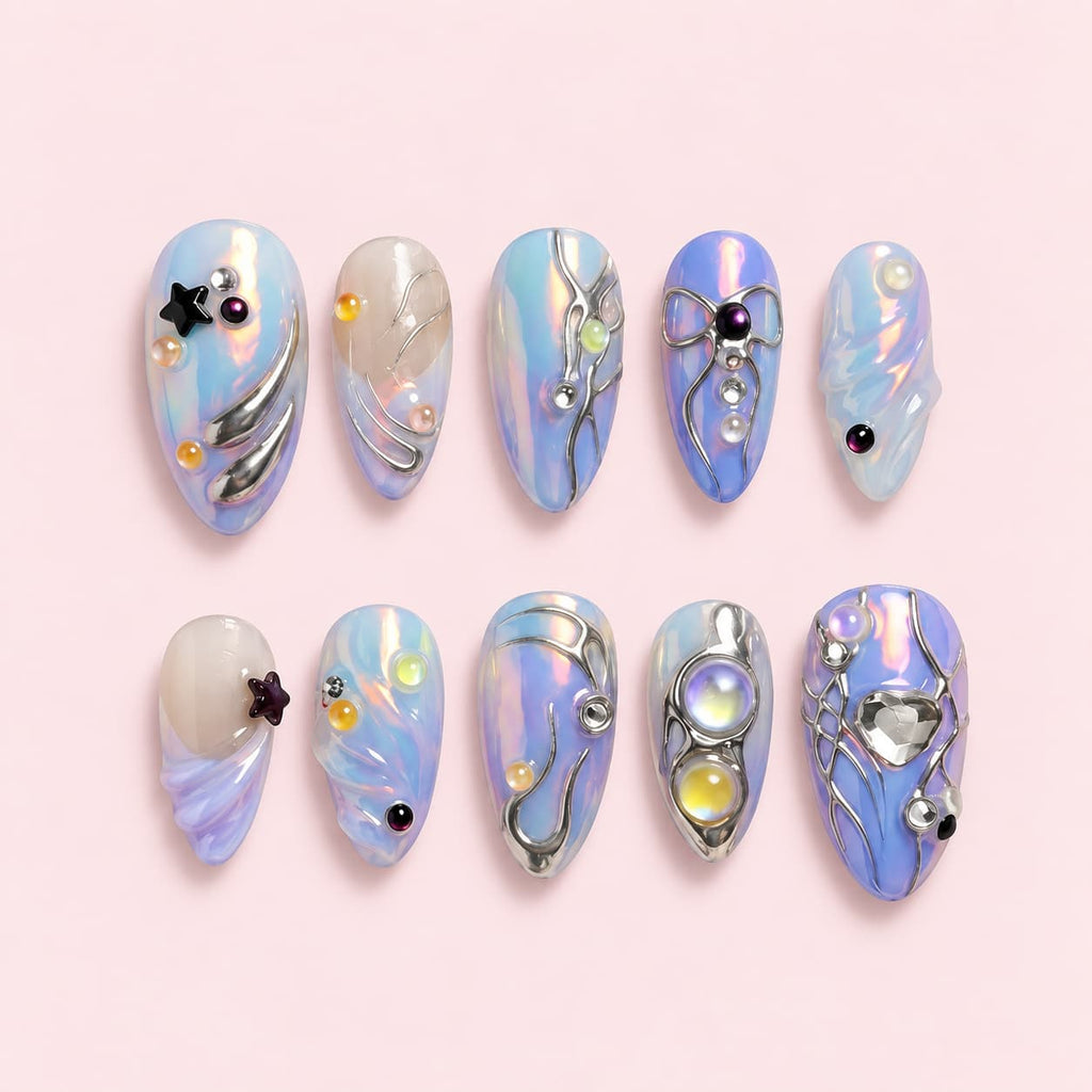 Blue Fairy Gem Almond Press-On Nails - Holographic