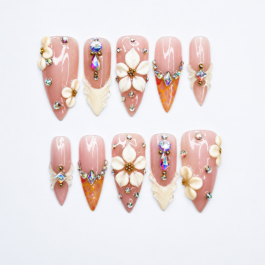 Blush Pink Floral Press On Nails, 3D Flower Nails, Elegant Bridal Nails, Luxury Nude