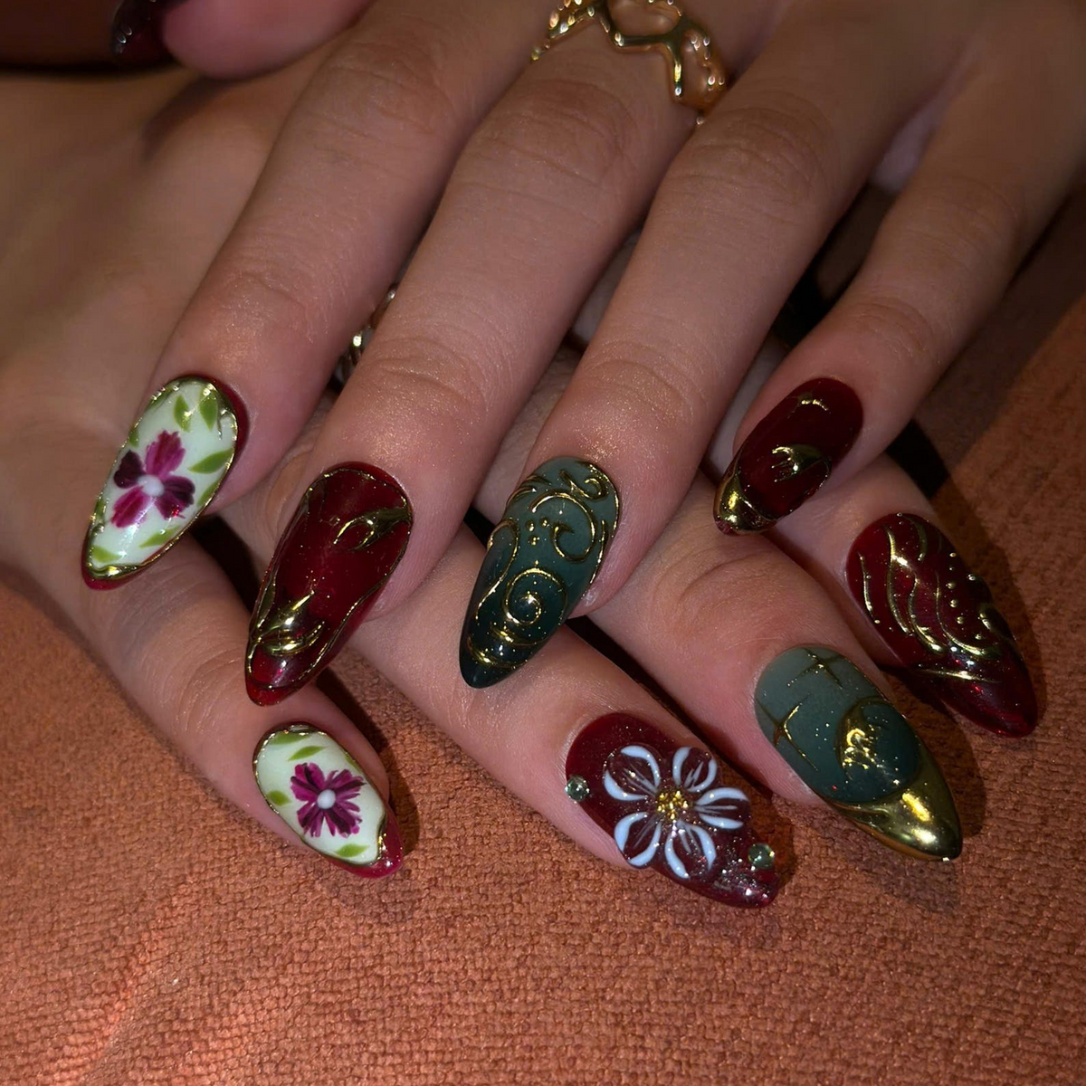 Burgundy Floral Press On Nails with Gold Details, Vintage Botanical Nail Art, Elegant