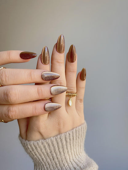 Light Brown Color Cat Eye Reusable Press On Nails