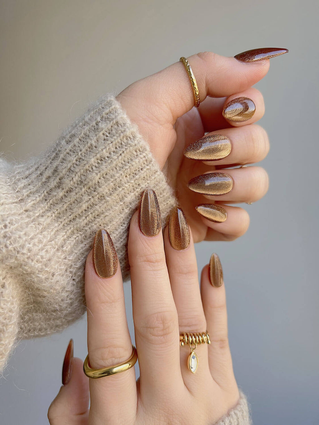 Light Brown Color Cat Eye Reusable Press On Nails