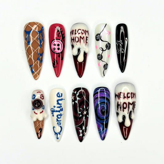 Creepy Cute Press On Nails with Button Eye Art, Dark Fantasy 3D Design, Spooky Halloween