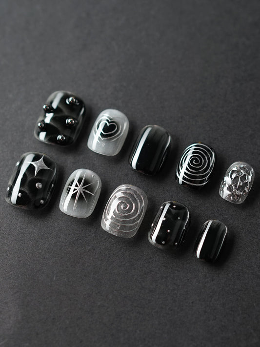 Black & Silver Void Reusable Press On Nails