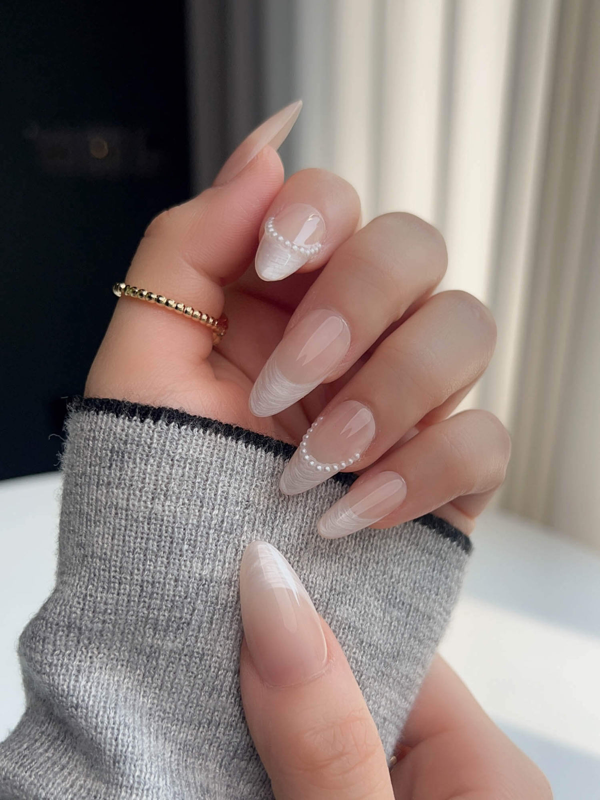 Nude French Tip Dew Sparkle Reusable Press On Nails