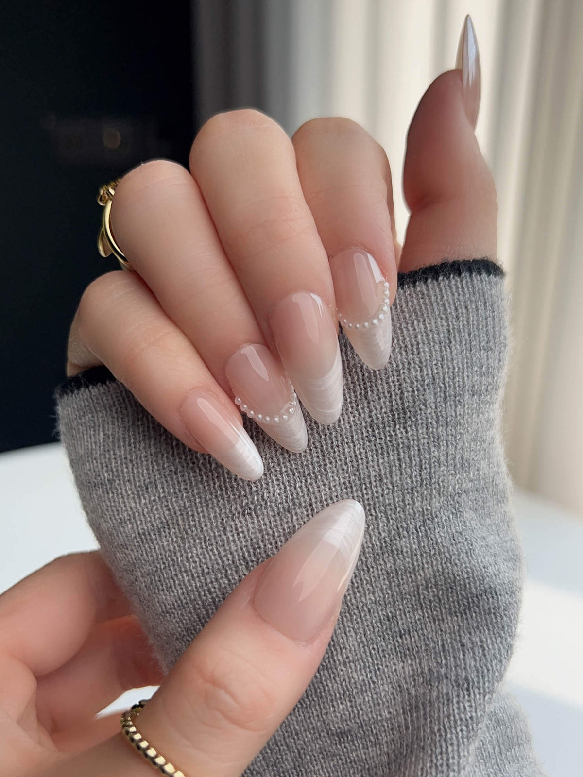 Nude French Tip Dew Sparkle Reusable Press On Nails