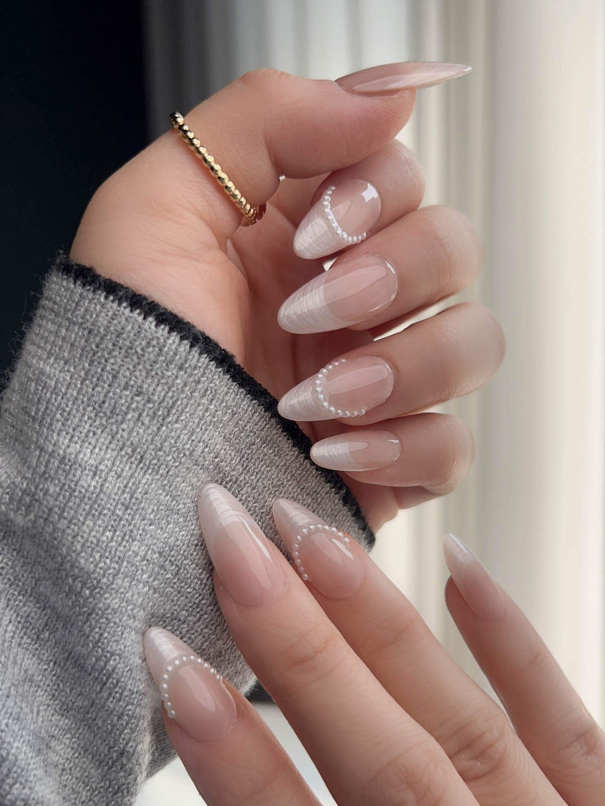 Nude French Tip Dew Sparkle Reusable Press On Nails