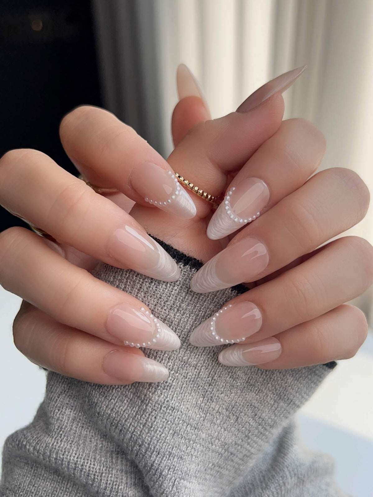 Nude French Tip Dew Sparkle Reusable Press On Nails