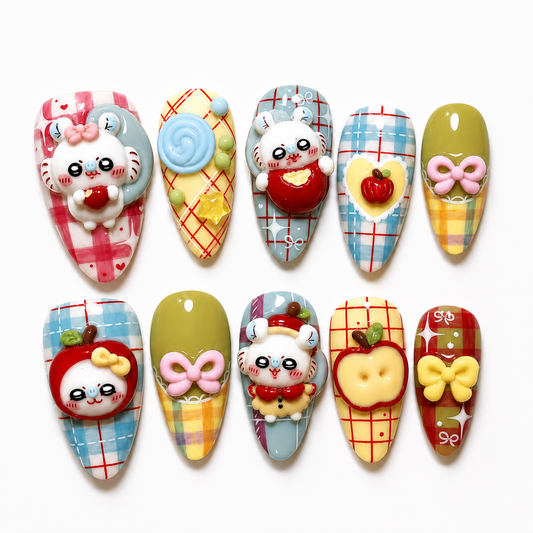 Cute Apple Press On Nails Set, 3D Kawaii Animal Nails, Plaid Cottagecore Nails, Handmade