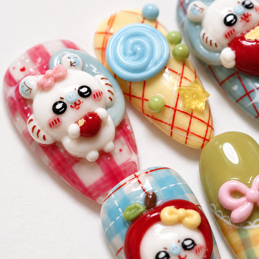 Cute Apple Press On Nails Set, 3D Kawaii Animal Nails, Plaid Cottagecore Nails, Handmade