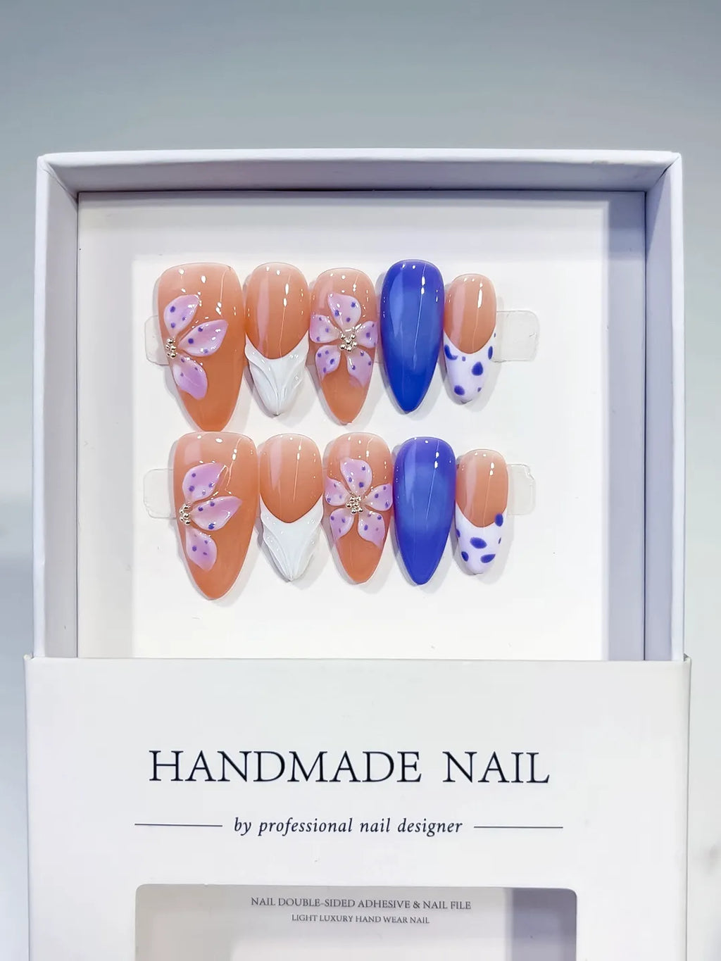 Medium Nude Blue Almond French tip Flower Dot Pattern