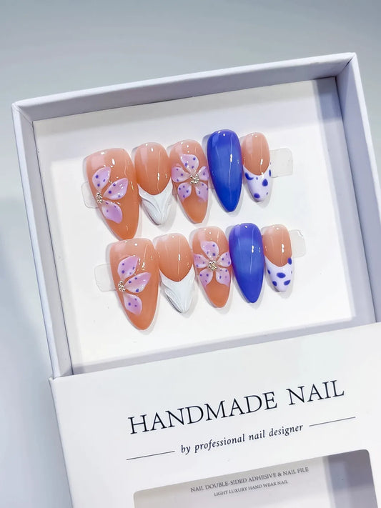 Medium Nude Blue Almond French tip Flower Dot Pattern