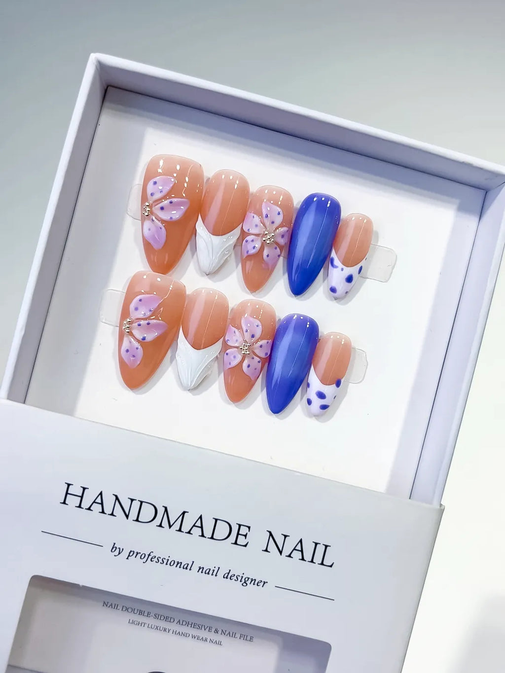 Medium Nude Blue Almond French tip Flower Dot Pattern