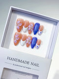 Medium Nude Blue Almond French tip Flower Dot Pattern