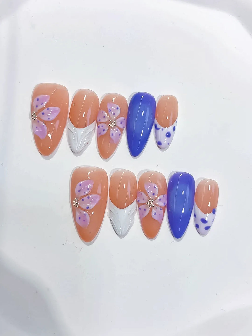 Medium Nude Blue Almond French tip Flower Dot Pattern