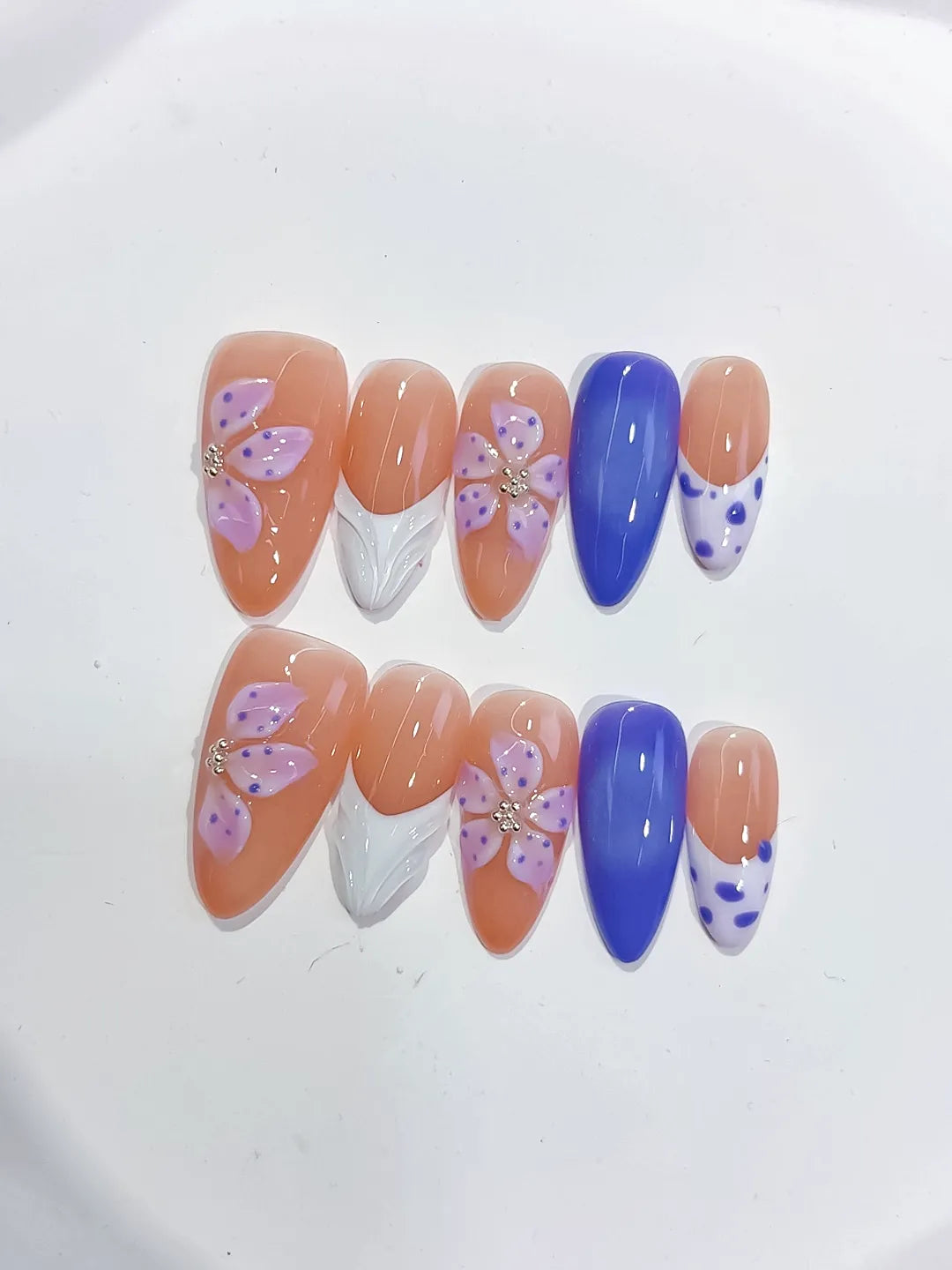 Medium Nude Blue Almond French tip Flower Dot Pattern