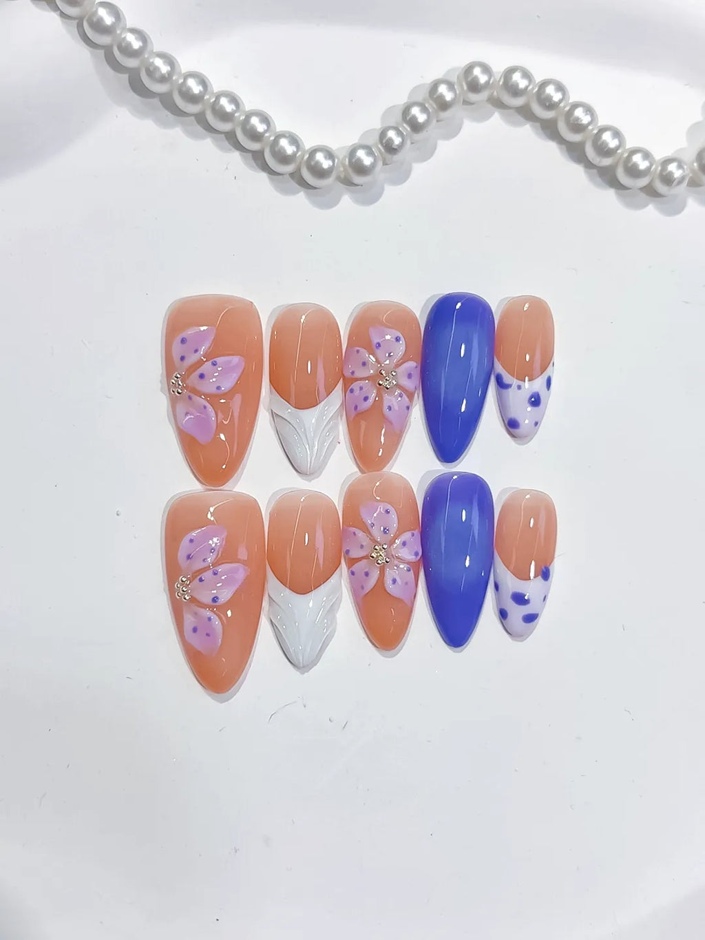 Medium Nude Blue Almond French tip Flower Dot Pattern