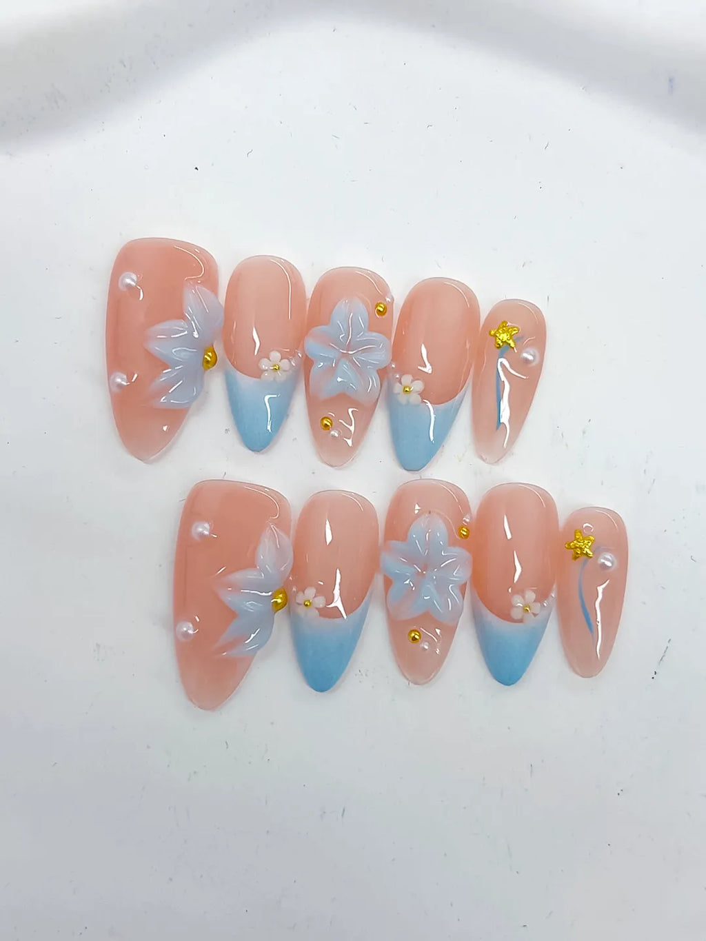 Medium Nude Blue Almond French tip Flower Star