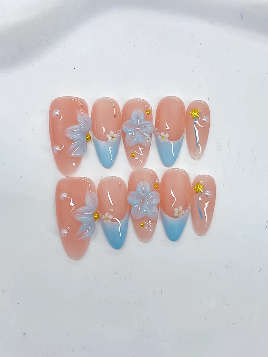 Medium Nude Blue Almond French tip Flower Star