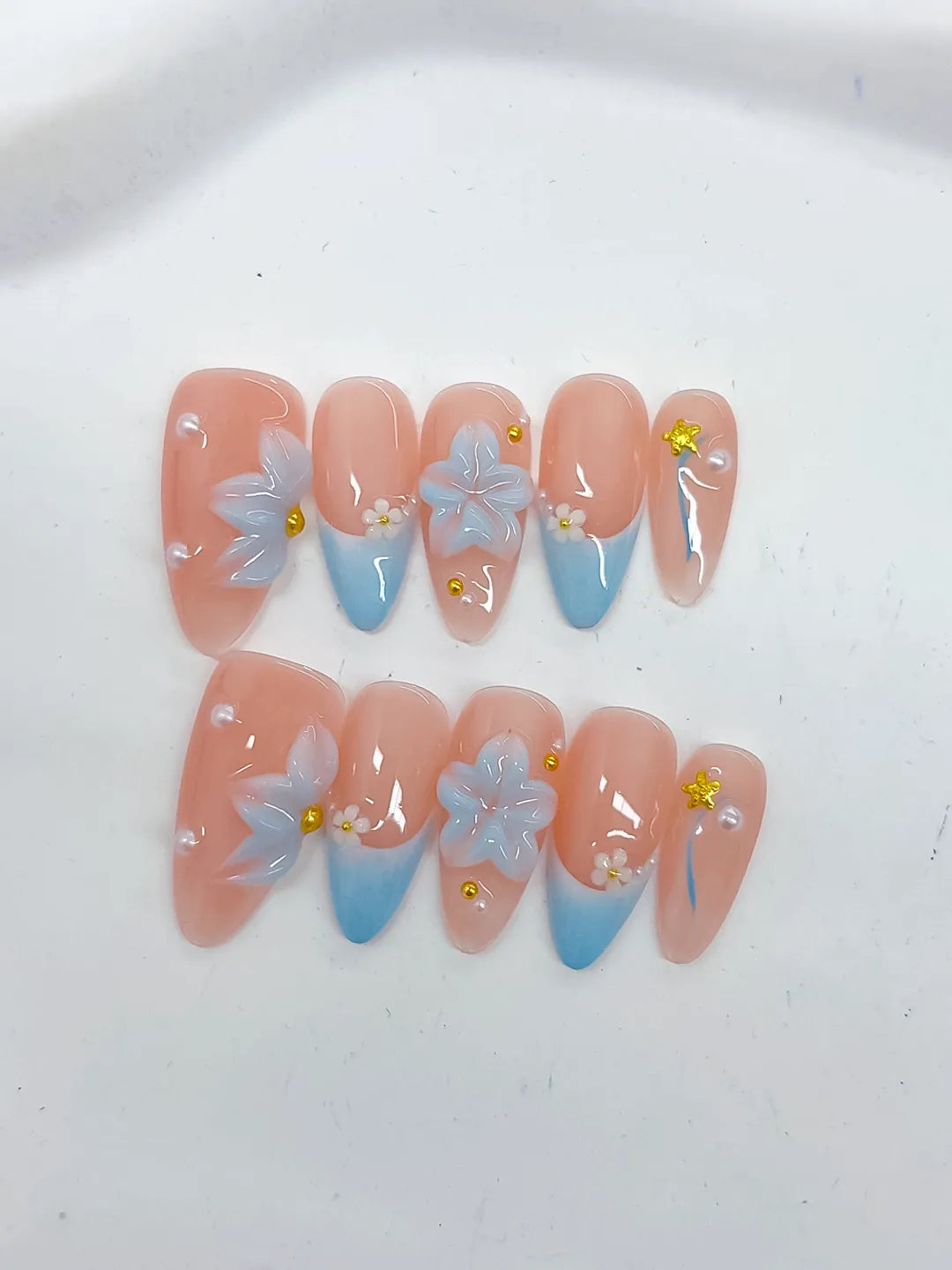 Medium Nude Blue Almond French tip Flower Star