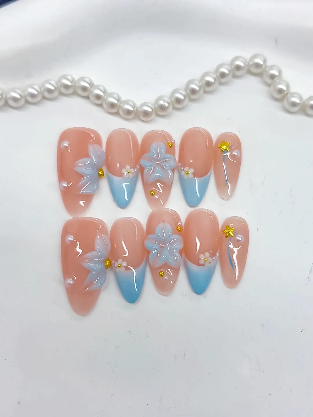 Medium Nude Blue Almond French tip Flower Star