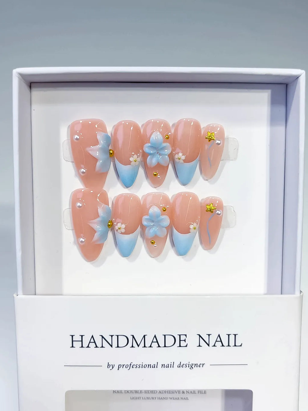 Medium Nude Blue Almond French tip Flower Star