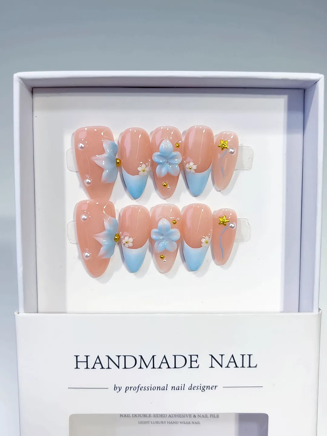 Medium Nude Blue Almond French tip Flower Star