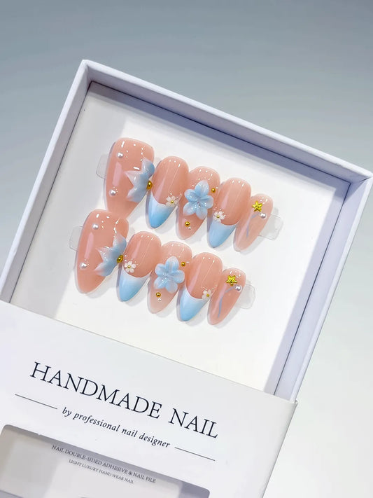 Medium Nude Blue Almond French tip Flower Star