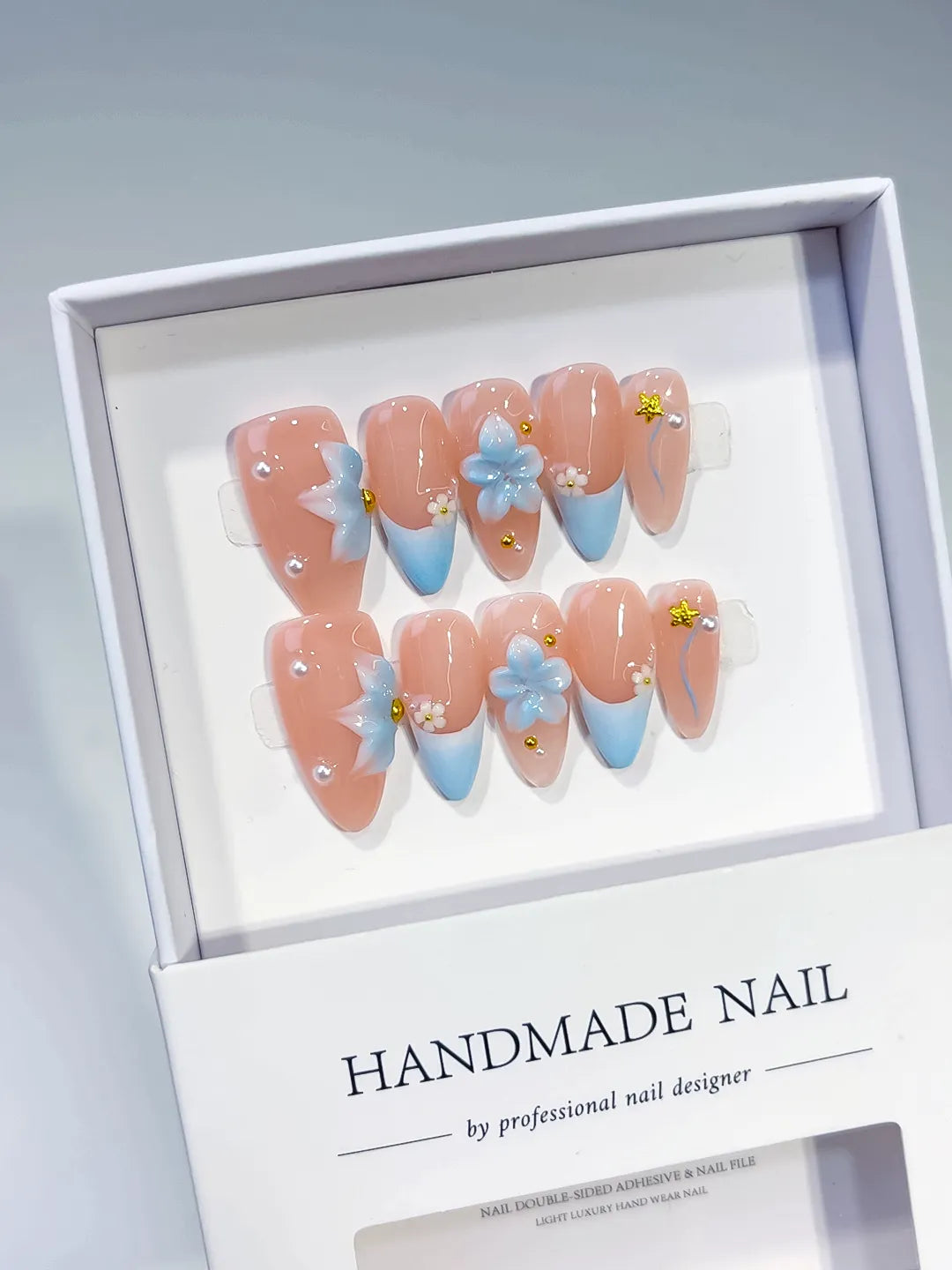 Medium Nude Blue Almond French tip Flower Star