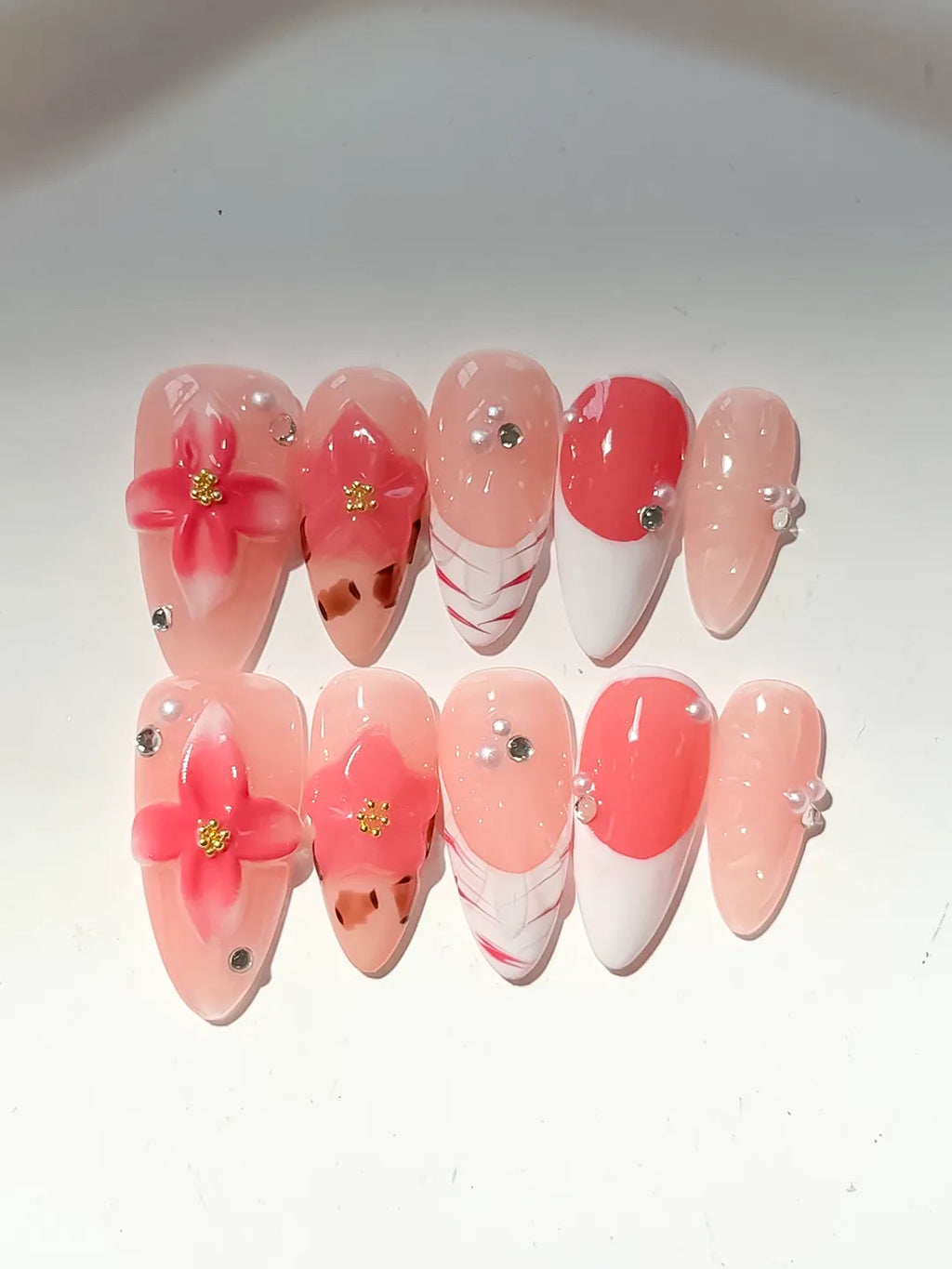Medium Nude Orange Almond French tip Flower Animal Print