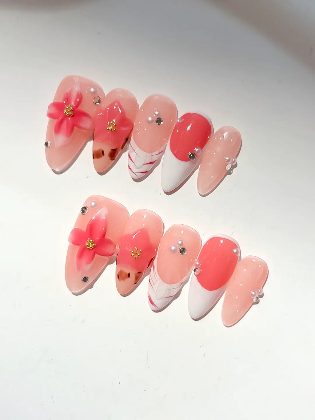Medium Nude Orange Almond French tip Flower Animal Print