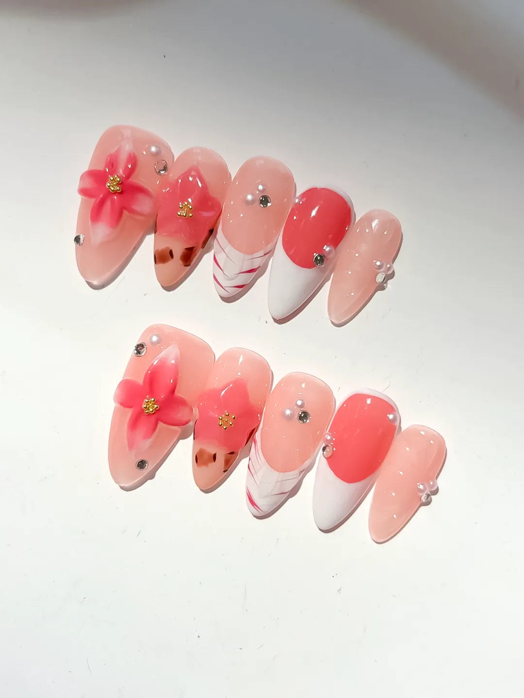 Medium Nude Orange Almond French tip Flower Animal Print