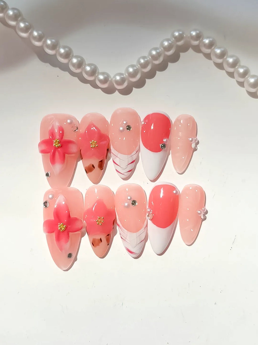 Medium Nude Orange Almond French tip Flower Animal Print