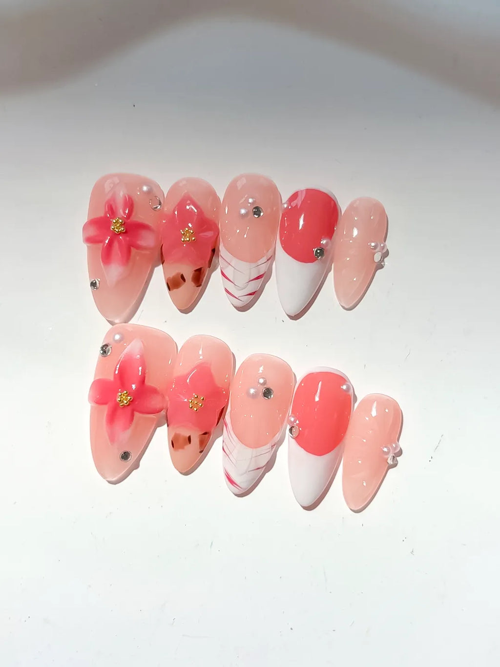 Medium Nude Orange Almond French tip Flower Animal Print