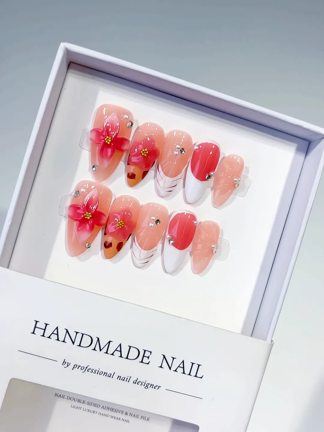 Medium Nude Orange Almond French tip Flower Animal Print
