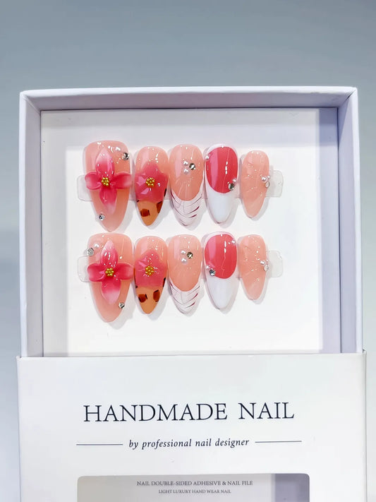 Medium Nude Orange Almond French tip Flower Animal Print